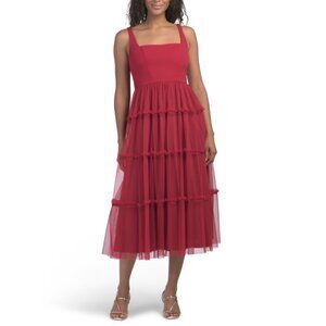 ADRIANNA BY ADRIANNA PAPELL Red Sleeveless Tulle Tea Length Dress